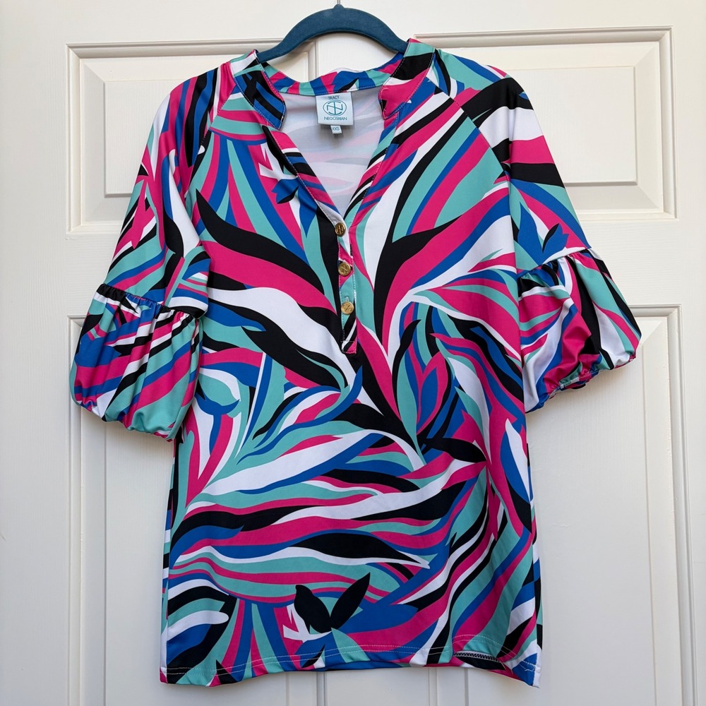 Tracy Negoshian Bubble Sleeve Tunic Top XXS Resort Cruise Vacation Stretch Beach